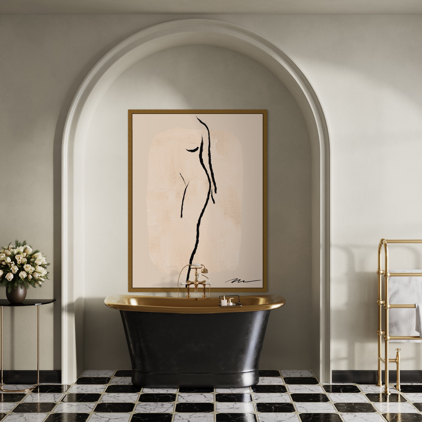Original fine art print on canvas for your home-living room, bedroom, bathroom, study, office. Female form standing, in charcoal black against warm beige background.