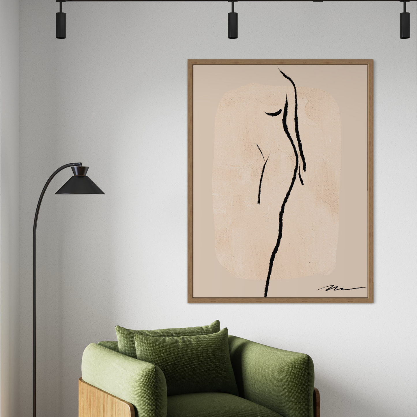 Original fine art print on canvas for your home-living room, bedroom, bathroom, study, office. Female form standing, in charcoal black against warm beige background.