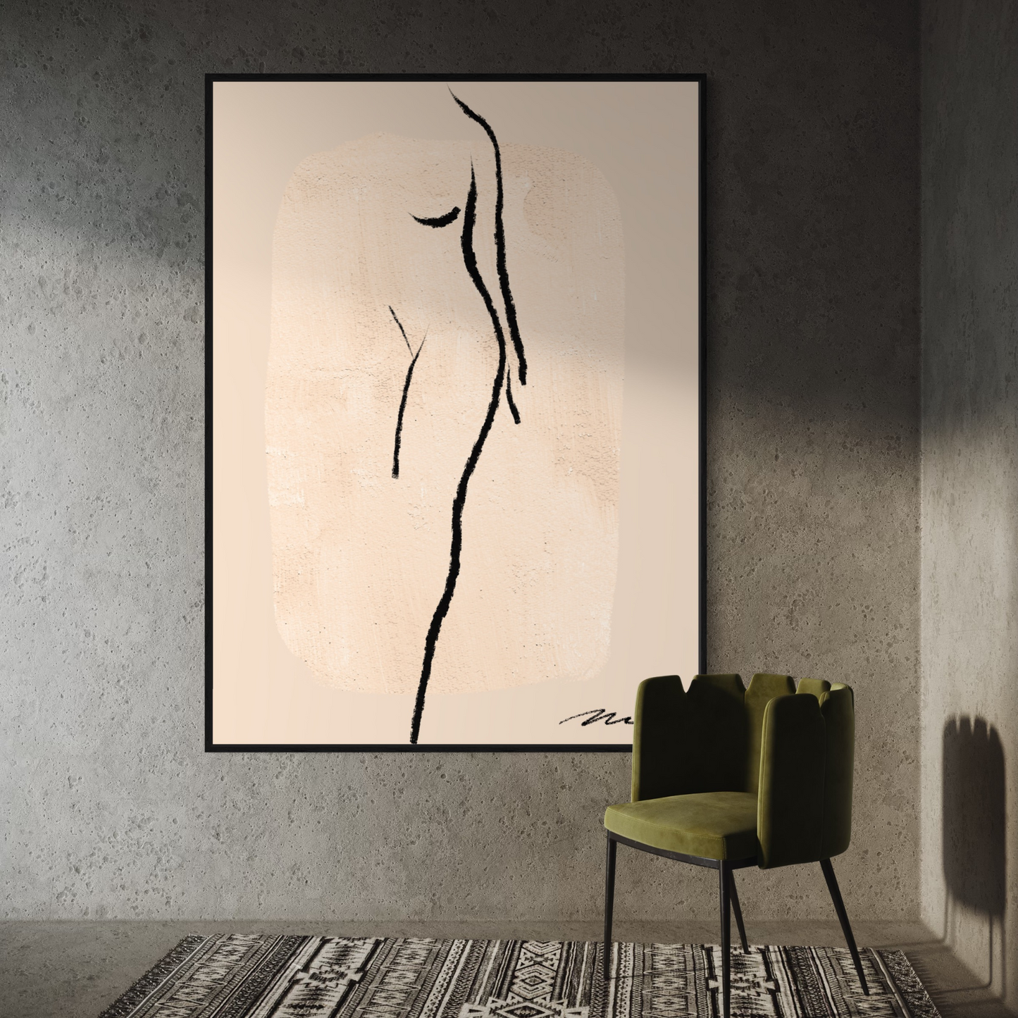 Original fine art print on canvas for your home-living room, bedroom, office. Female form standing, in charcoal black against warm beige background.