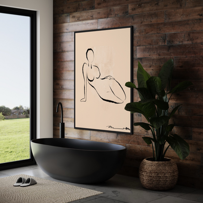 Minimalistic original fine art print for living room, bedroom, office, study, entry way, bathroom, powder rooms. Relaxed sitting silhouette of a female, in charcoal black against warm beige background