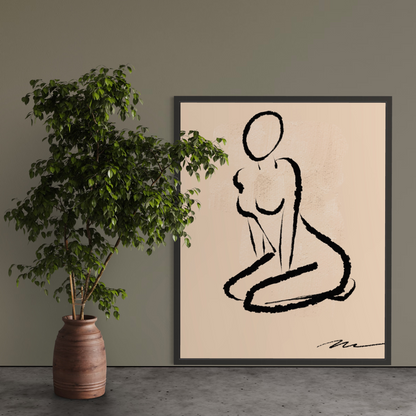 original fine art print on canvas for your home.. Silhouette of a female sitting, in charcoal black against warm beige background