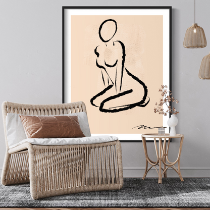 original fine art print for your living room and bedroom. Silhouette of a female sitting, in charcoal black against warm beige background