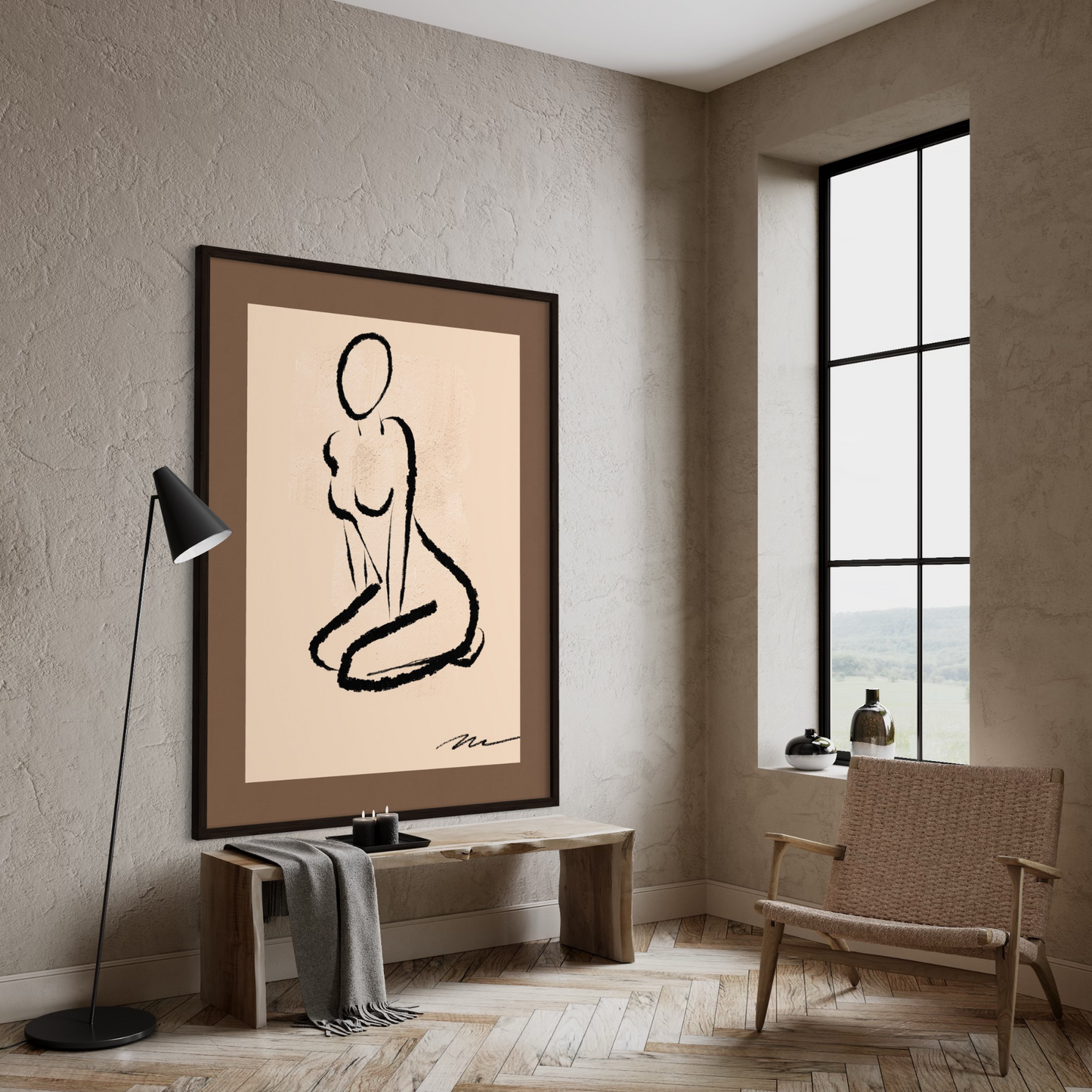 Minimalistic original fine art print for living room, bedroom, office. Silhouette of a female sitting, in charcoal black against warm beige background