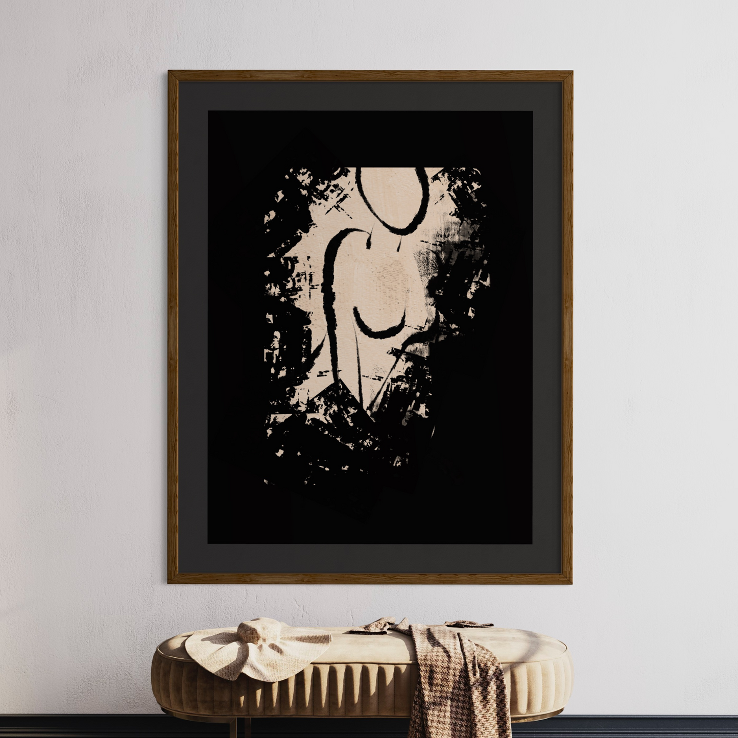 Minimalistic original fine art print for living room, bedroom, office, study, entry way, bathroom, powder rooms. Relaxed sitting silhouette of a female, in charcoal black against warm beige background