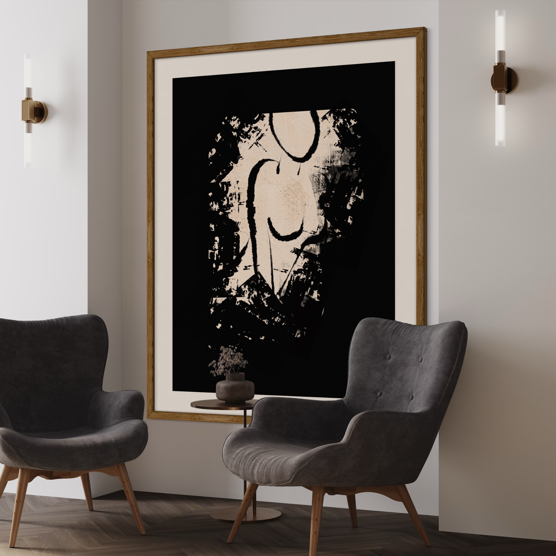 Minimalistic original fine art print for living room, bedroom, office, study, entry way, bathroom, powder rooms. Relaxed sitting silhouette of a female, in charcoal black against warm beige background