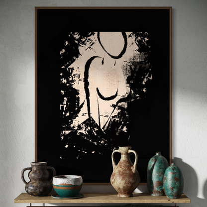 Minimalistic original fine art print for living room, bedroom, office, study, entry way, bathroom, powder rooms. Relaxed sitting silhouette of a female, in charcoal black against warm beige background