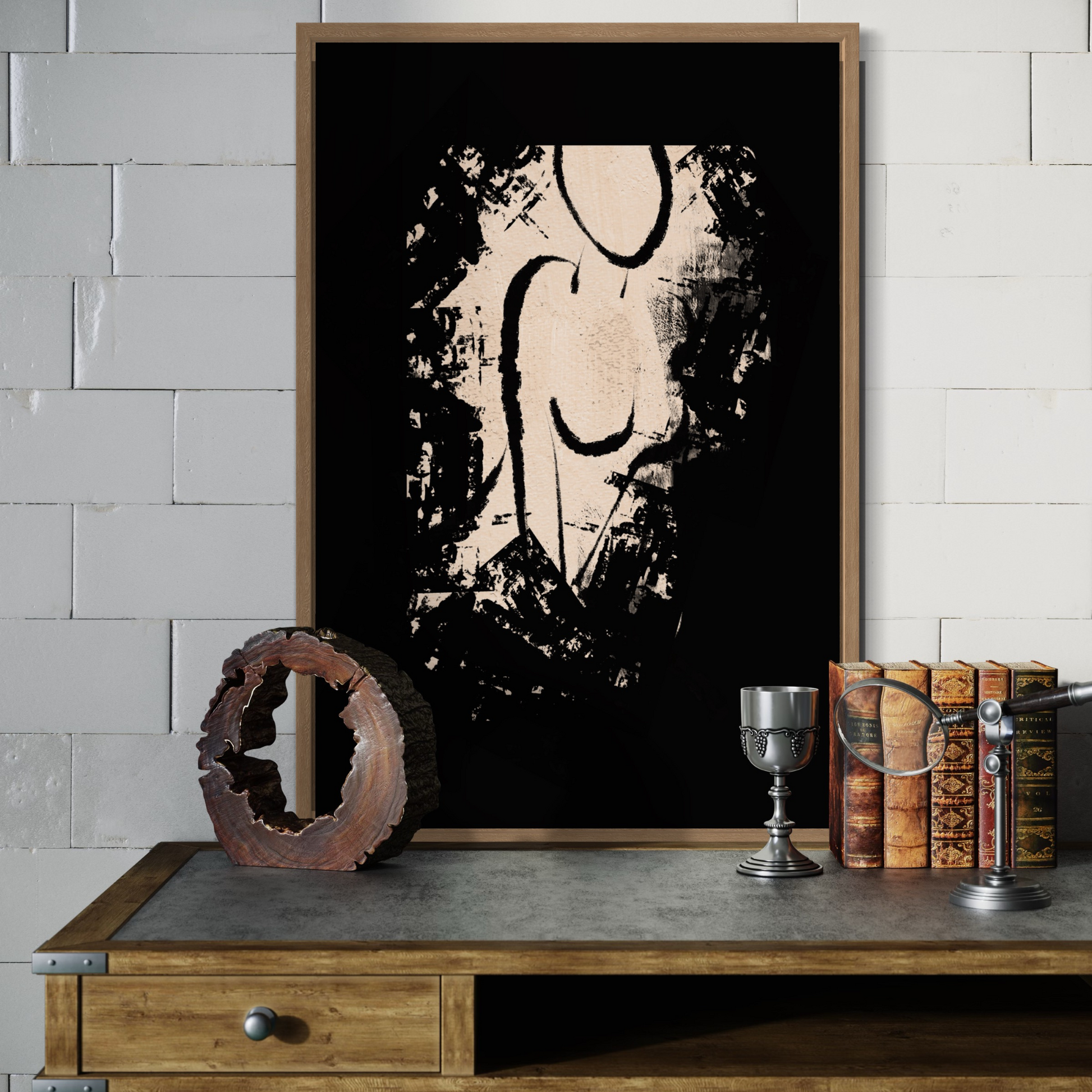 Minimalistic original fine art print for living room, bedroom, office, study, entry way, bathroom, powder rooms. Relaxed sitting silhouette of a female, in charcoal black against warm beige background