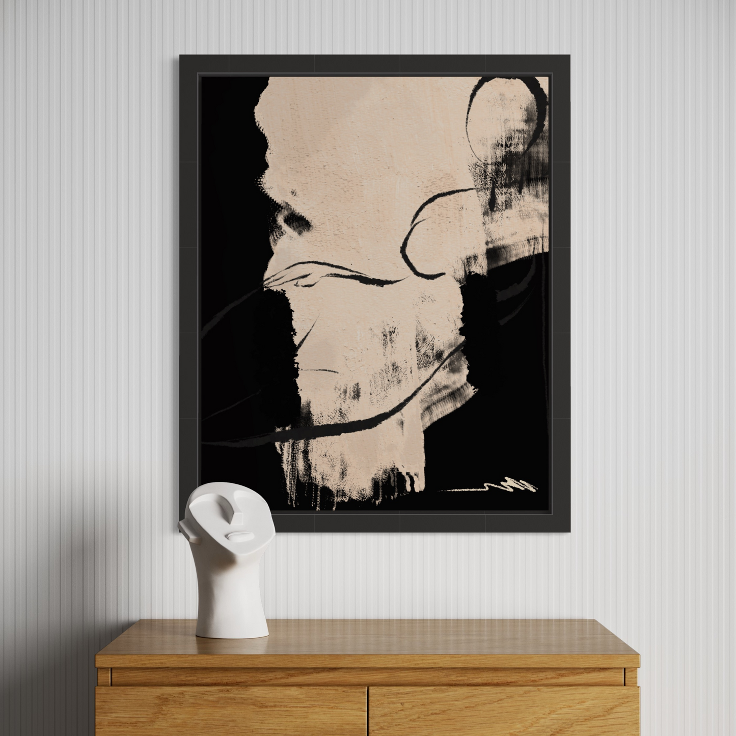 Minimalistic original fine art print for living room, bedroom, office, study, entry way, bathroom, powder rooms. Relaxed sitting silhouette of a female, in charcoal black against warm beige background