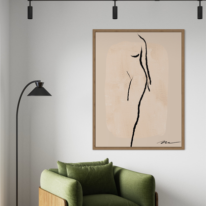 Original fine art print on canvas for your home-living room, bedroom, bathroom, study, office. Female form standing, in charcoal black against warm beige background. 