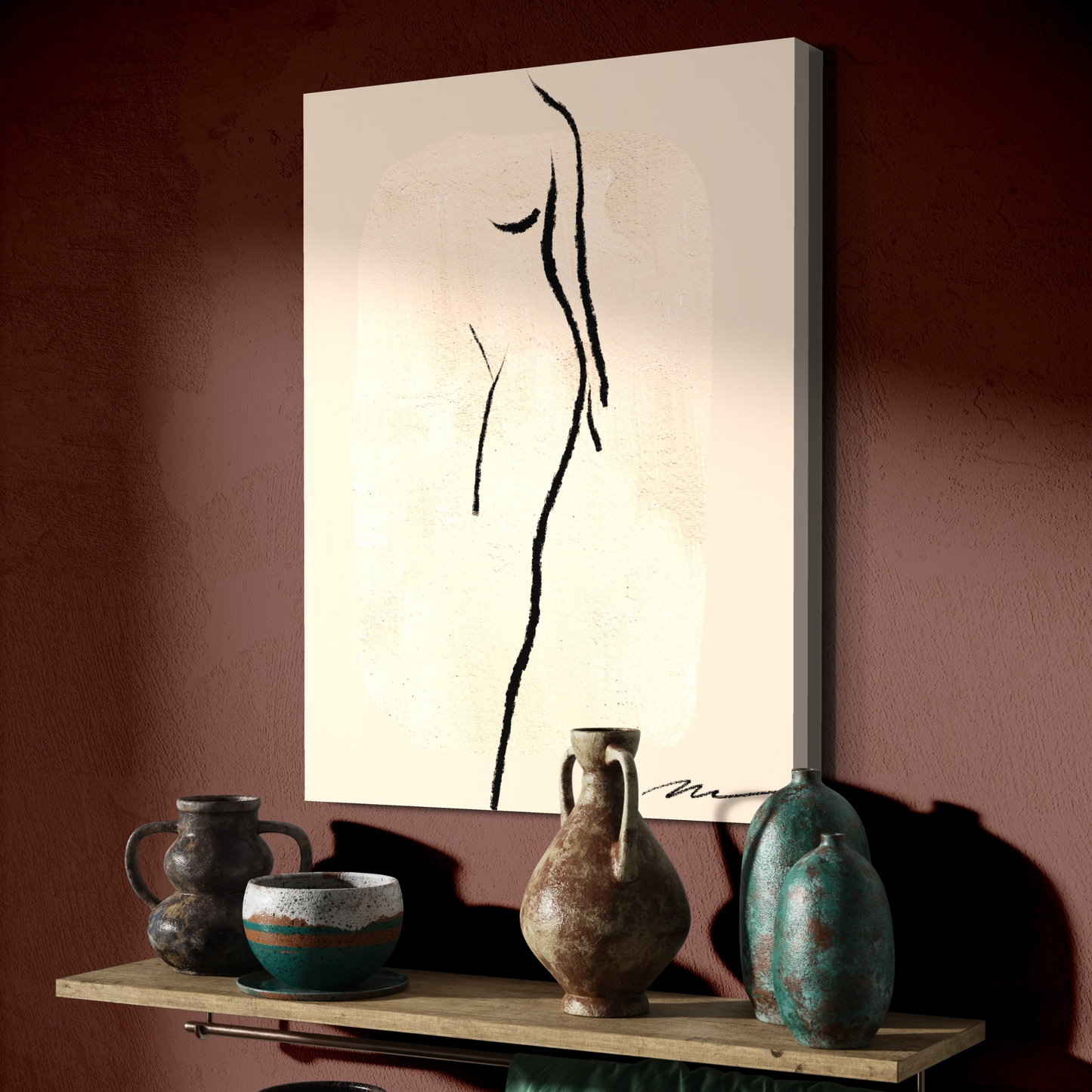 Original fine art print on canvas for your home-living room, bedroom, office. Female form standing, in charcoal black against warm beige background. 