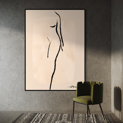 Original fine art print on canvas for your home-living room, bedroom, office. Female form standing, in charcoal black against warm beige background. 