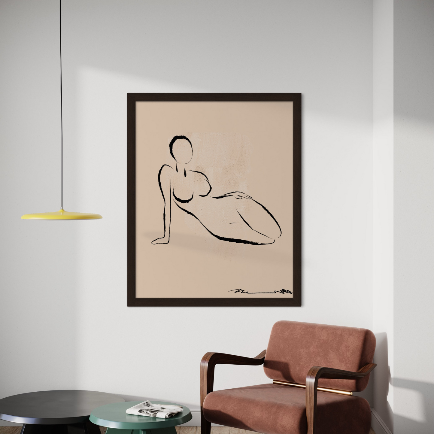 Minimalistic original fine art print for living room, bedroom, office, study, entry way, bathroom, powder rooms. Relaxed sitting silhouette of a female, in charcoal black against warm beige background