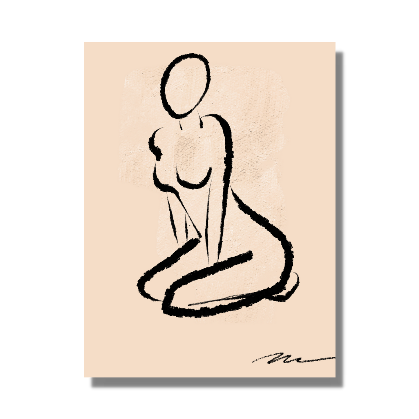 original fine art print on canvas. Silhouette of a female sitting, in charcoal black against warm beige background