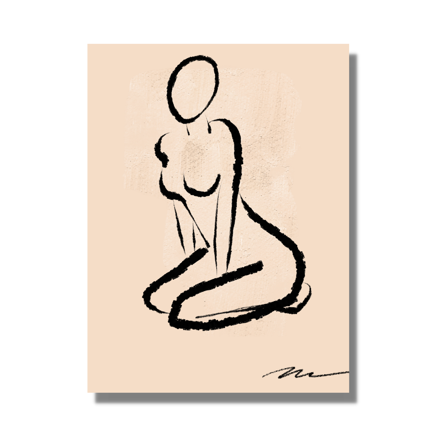 original fine art print on canvas. Silhouette of a female sitting, in charcoal black against warm beige background