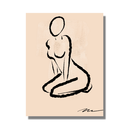 original fine art print on canvas. Silhouette of a female sitting, in charcoal black against warm beige background