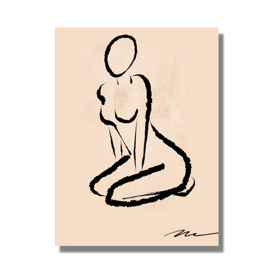 original fine art print on canvas. Silhouette of a female sitting, in charcoal black against warm beige background