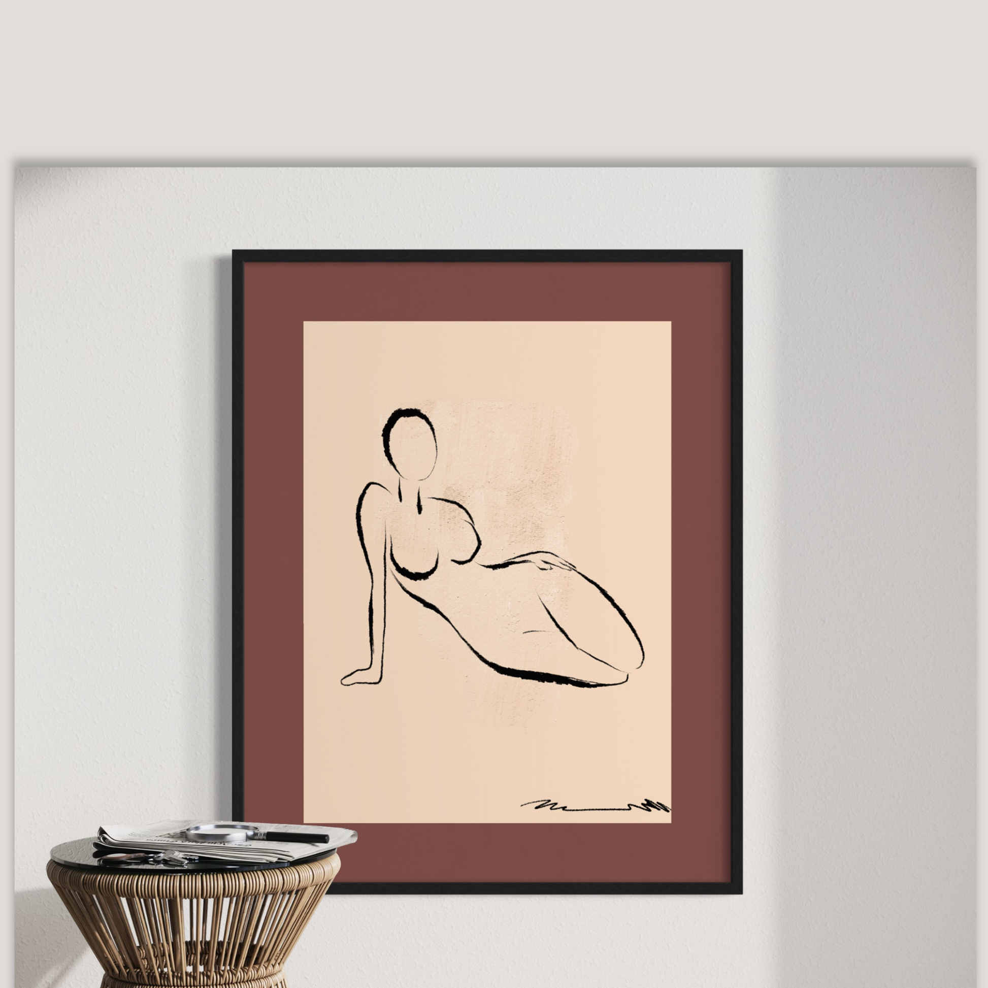 Minimalistic original fine art print for living room, bedroom, office, study, entry way, bathroom, powder rooms. Relaxed sitting silhouette of a female, in charcoal black against warm beige background