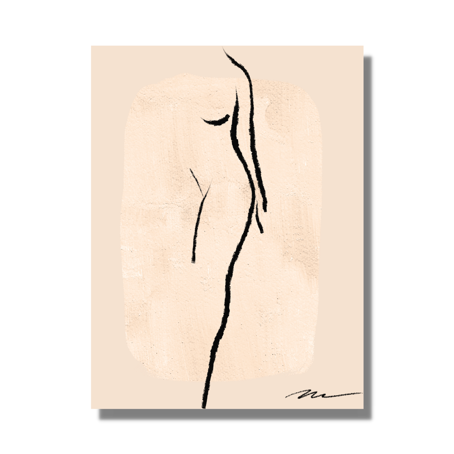 Original fine art print on canvas for your home. Female form standing, in charcoal black against warm beige background. 