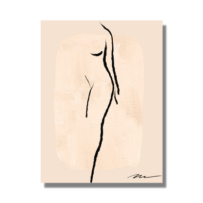 Original fine art print on canvas for your home. Female form standing, in charcoal black against warm beige background. 